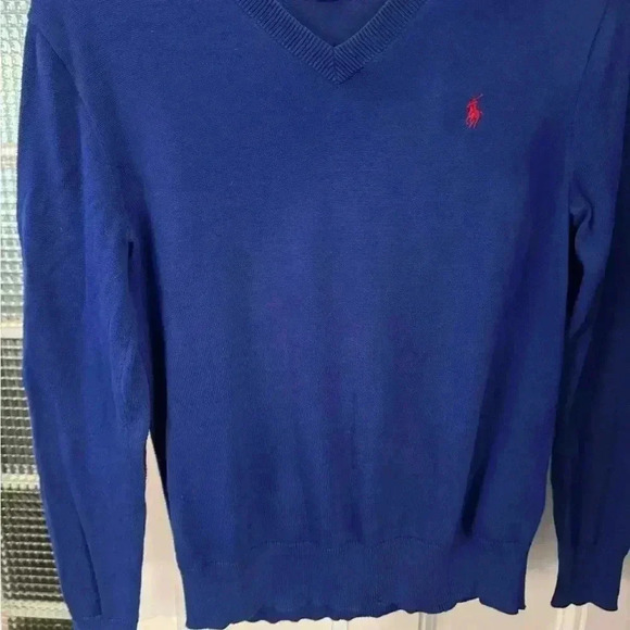 Polo Ralph Lauren boys knit V-Neck sweater.  blue w/elbow patches sz M 10-12 - Picture 3 of 11